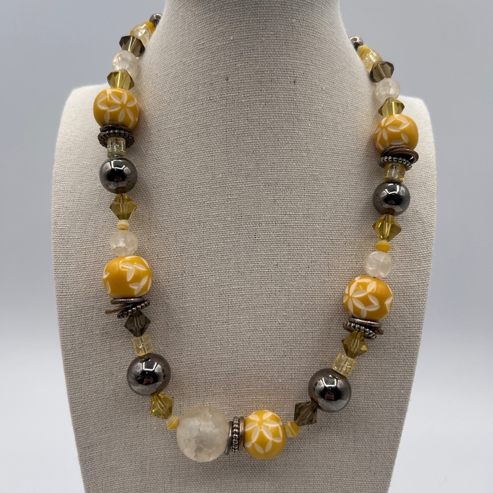 Silver Tone Yellow Floral Necklace Crackle Carved Bead Single Strand Boho 18"
